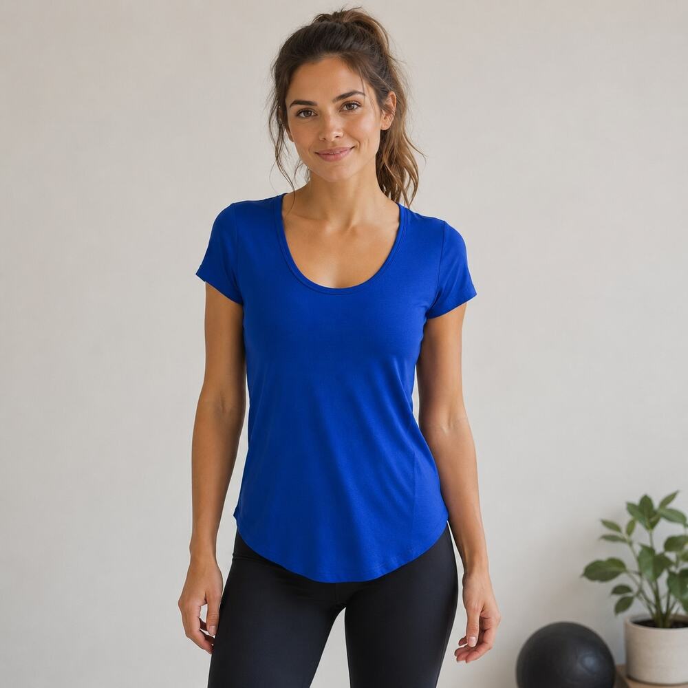 Athleta Blue Knit Open Back Short Sleeve Athletic  T Shirt Small